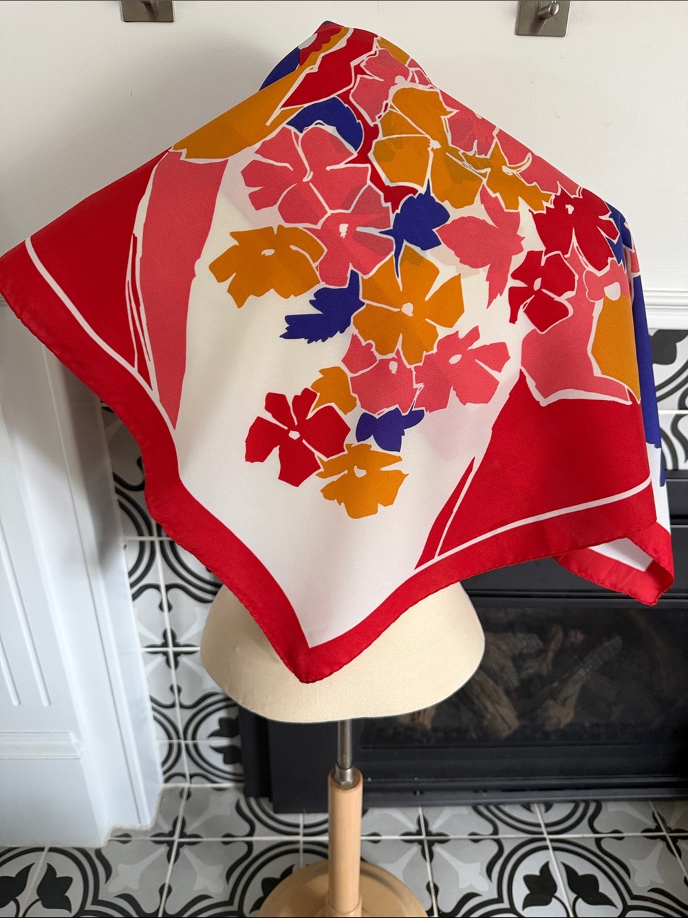 MADE IN ITALY Vibrant Floral Silk Scarf in Red, White, Orange & Blue